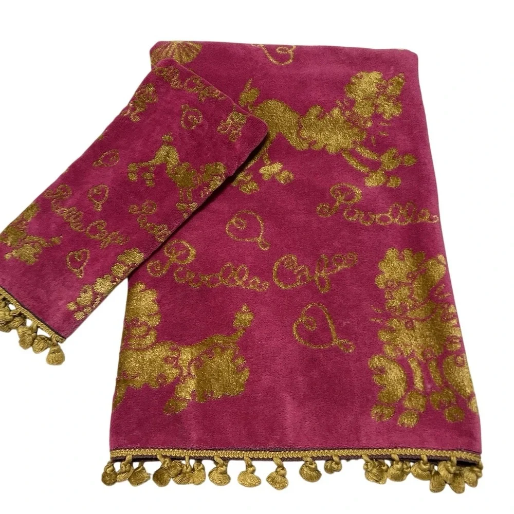 Kitschy Poodle Cafe Towel Set Pink Gold Besana Italian Bath & Hand Pom Poms Glam